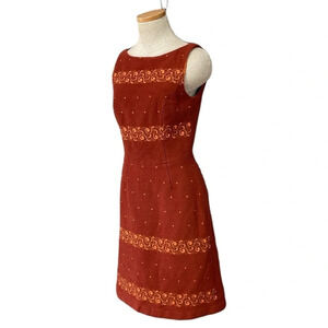 Tocca Dress Women's Size 8 Orange Sleeveless Sheath Midi Embroidered Wool